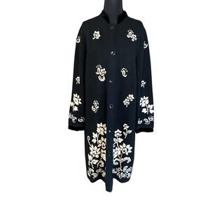Vintage Josephine Chaus Embroidered Knit Coat Black White Floral Velvet Trim L